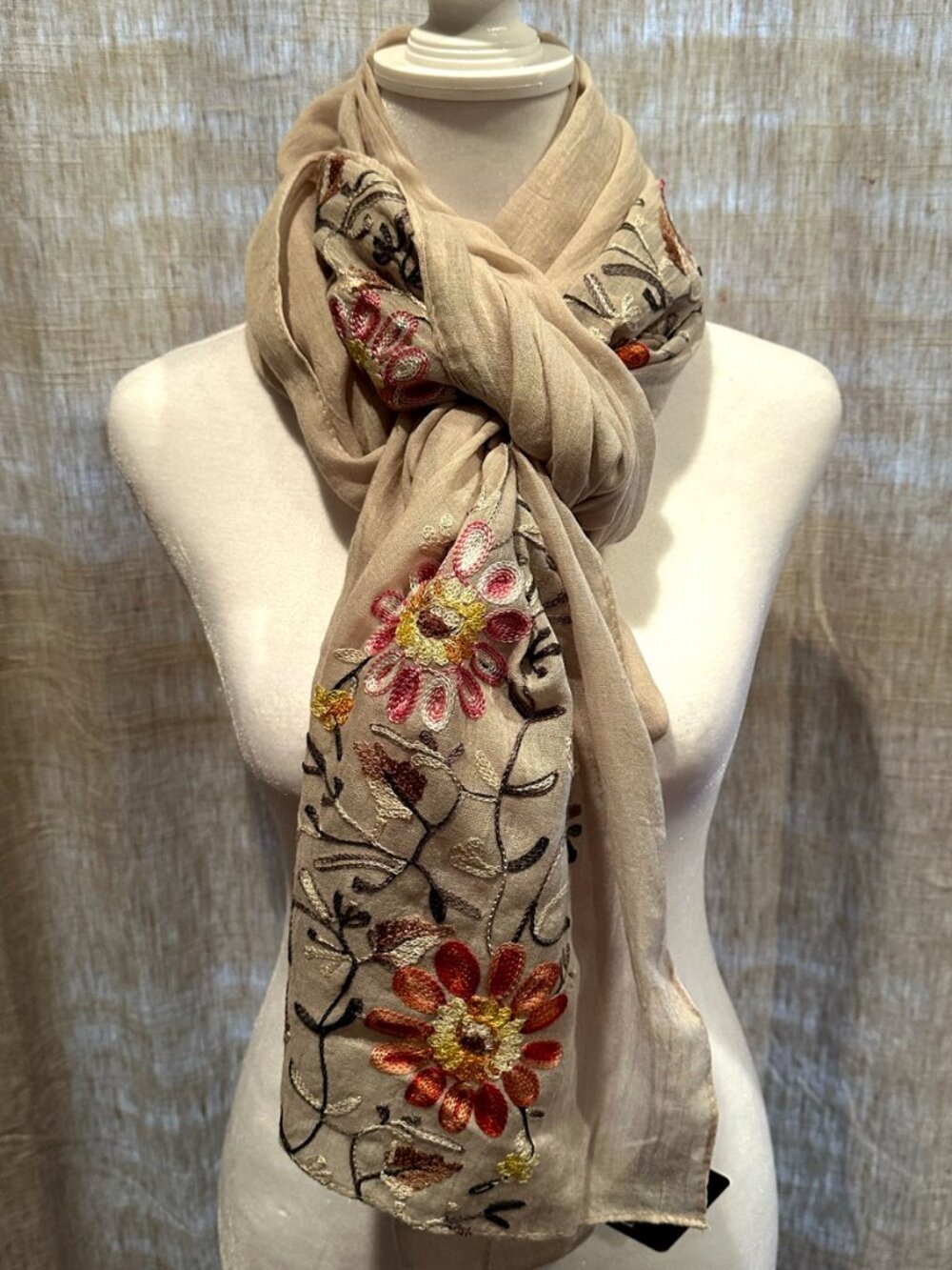 RiscaWin Oversized Beige Floral Embroidered Scarf Shawl Wrap Boho 36x70 - Picture 3 of 11